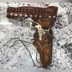 Vintage Hubley-Style Cowboy Cap Gun + Tooled Leather Holster Belt Set